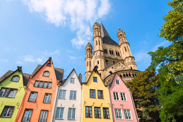 Colorful houses in Cologne, Cathedral, St. Martin church stock photo