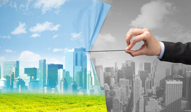 istock hand pulling nature cityscape curtain to gray cityscape 1158577578