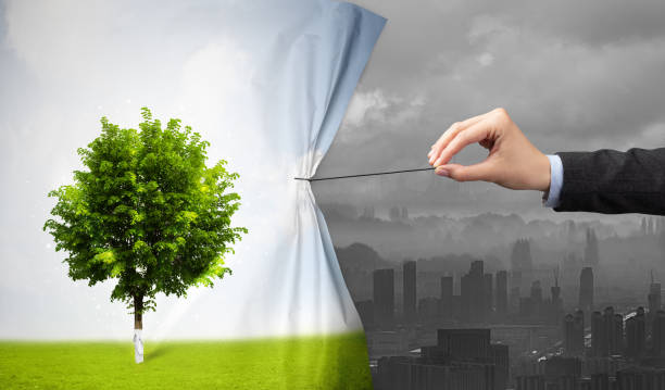 istock hand pulling nature cityscape curtain to gray cityscape 1158578154