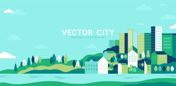 ilustraciones, imágenes clip art, dibujos animados e iconos de stock de ilustración vectorial en estilo plano geométrico simple - paisaje de la ciudad con edificios, colinas y árboles - bandera horizontal abstracta - city