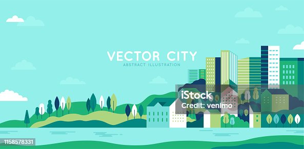 istock Vector illustration in simple minimal geometric flat style - city landscape with buildings, hills and trees - abstract horizontal banner 1158578331