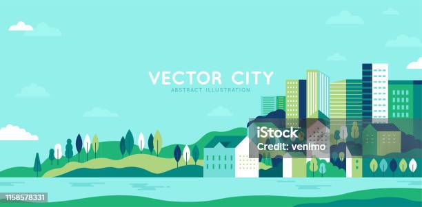 Vector Illustration In Simple Minimal Geometric Flat Style City Landscape With Buildings Hills And Trees Abstract Horizontal Banner Stock Illustration - Download Image Now