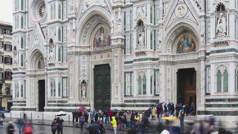 timelapse of tourist traveller walking and sigh seeing at Basilica of Santa Croce on Piazza di Santa Croce square, Florence, Tuscany, Italy, Europe