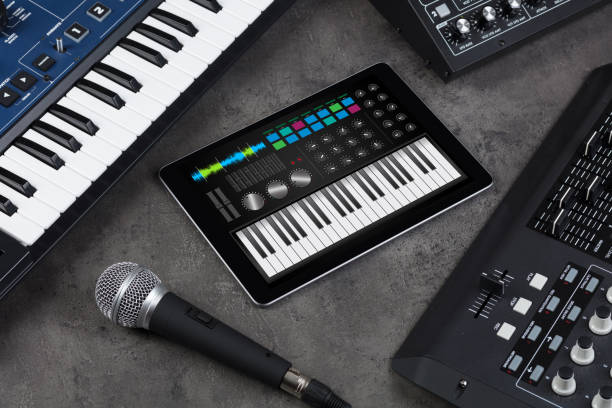 istock Piano app on tablet and musical instrument concept 1158580105