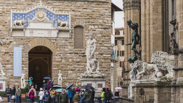 timelapse of tourist traveller walking and sigh seeing at Basilica of Santa Croce on Piazza di Santa Croce square, Florence, Tuscany, Italy, Europe