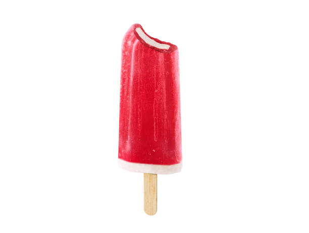 Bitten Fresh Red Strawberry or Raspberry Frozen Popsicle isolated on white with room for your text