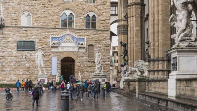 timelapse of tourist traveller walking and sigh seeing at Basilica of Santa Croce on Piazza di Santa Croce square, Florence, Tuscany, Italy, Europe