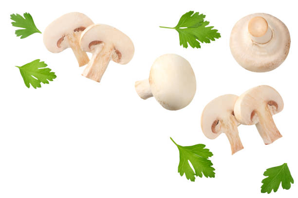 istock mushrooms with slices and parsley leaf isolated on white background. top view 1158583294