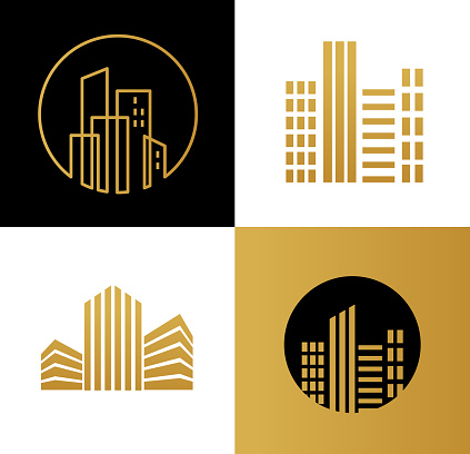 Real estate logo, building development, set of logos, icons and graphic elements