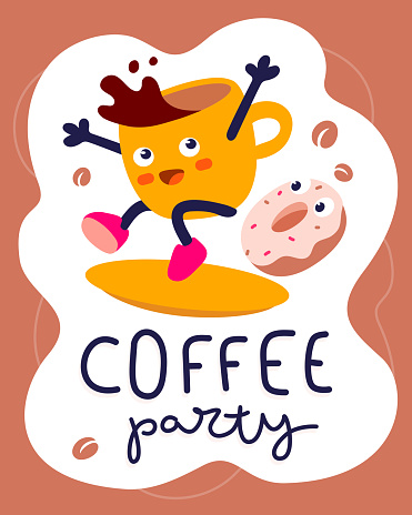 Vector creative illustration of energy coffee cup character riding on a surfboard with donut and text. Flat style graphic design for web, site, banner, poster, sticker