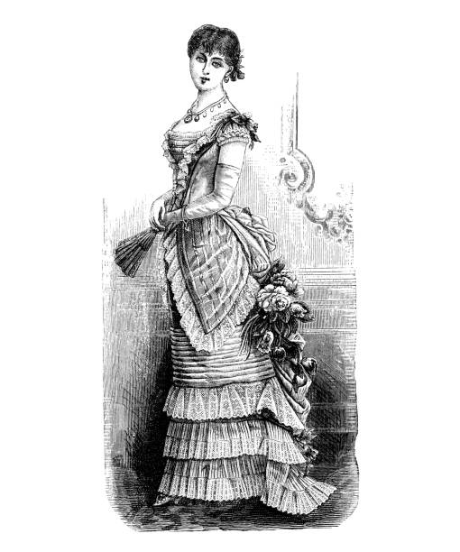 Victorian woman antique french illustration Vintage etching print on white background prom fashion stock illustrations