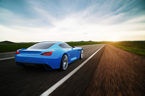 view from rear of fast moving car, road in fields, motion blur,  3D, car of my own design.