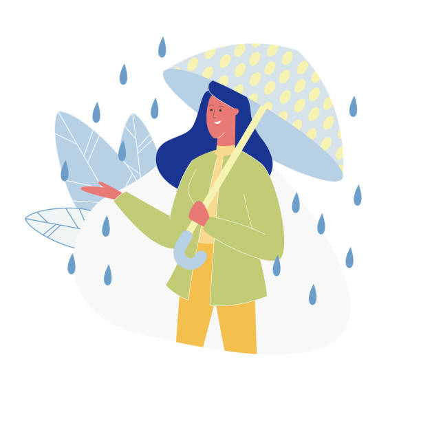 [ID: an illustration of a smiling woman in a green jacket and orange pants with a blue and green polka dot umbrella caught out in the rain.]
