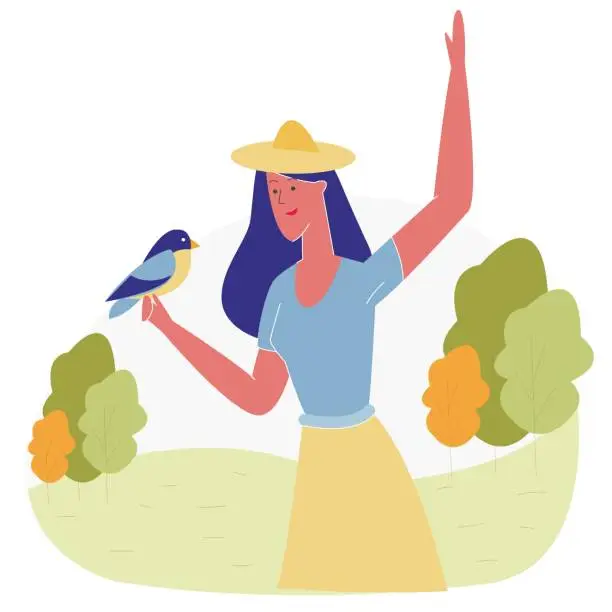 Vector illustration of Woman Spending Time in Animal Park Feeding Birds