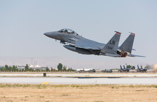 TURAF 3rd Main Jet Base, Konya, Turkey - June 25, 2019: United States Air Force F-15C Eagle Fighter Jet taxiing on runway.
