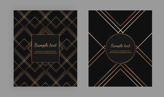 Cover with geometric design and gold lines on the black background. Luxury elegant trendy vector illustration. Template for packaging, banner, card, flyer, invitation, party, print advertising