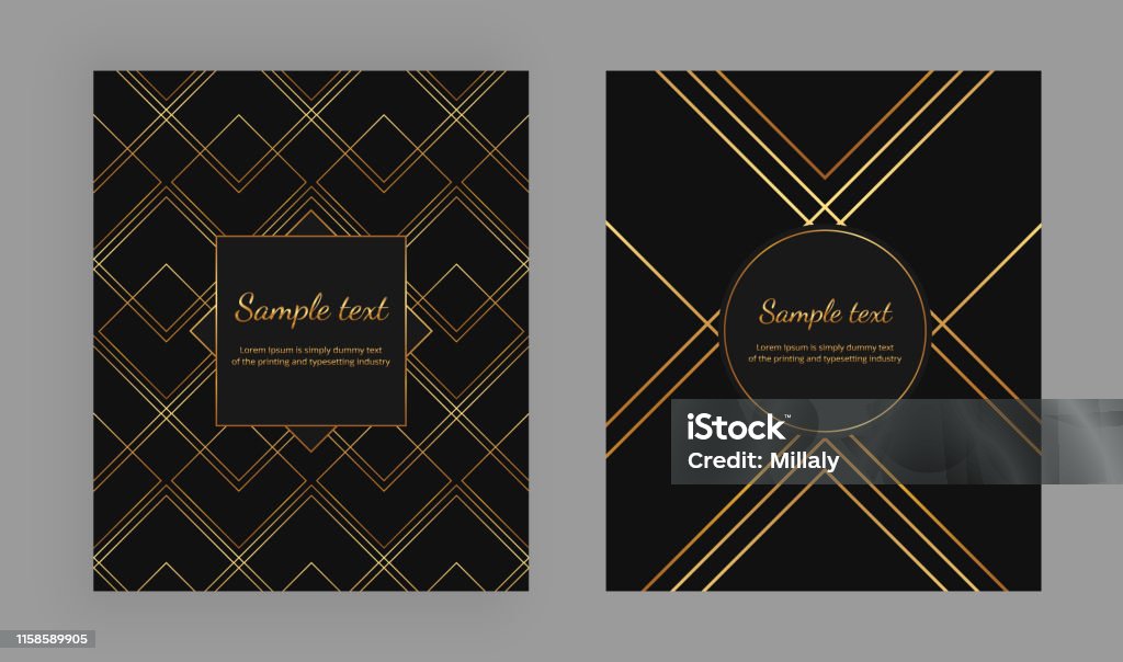 Cover with geometric design and gold lines on the black background. Luxury elegant trendy vector illustration. Template for packaging, banner, card, flyer, invitation, party, print advertising Pattern stock vector
