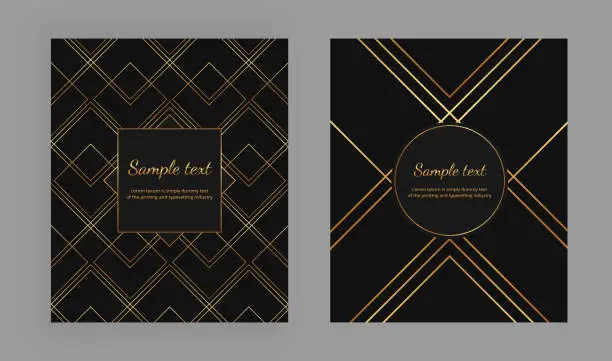 Vector illustration of Cover with geometric design and gold lines on the black background. Luxury elegant trendy vector illustration. Template for packaging, banner, card, flyer, invitation, party, print advertising