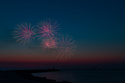 Fireworks launch at the pier of the Scheveningen harbor celebrating the Tall Ship Regatta in The Hague, Netherlands