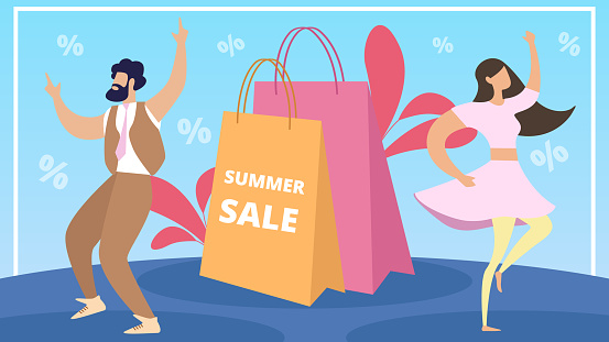 Information Poster Summer Sale Lettering Cartoon. Flyer Woman and Man are Having Fun and Enjoying Discounts in Mall and Stores. Purchase Essential Goods. Seasonal Discount On Clothes.