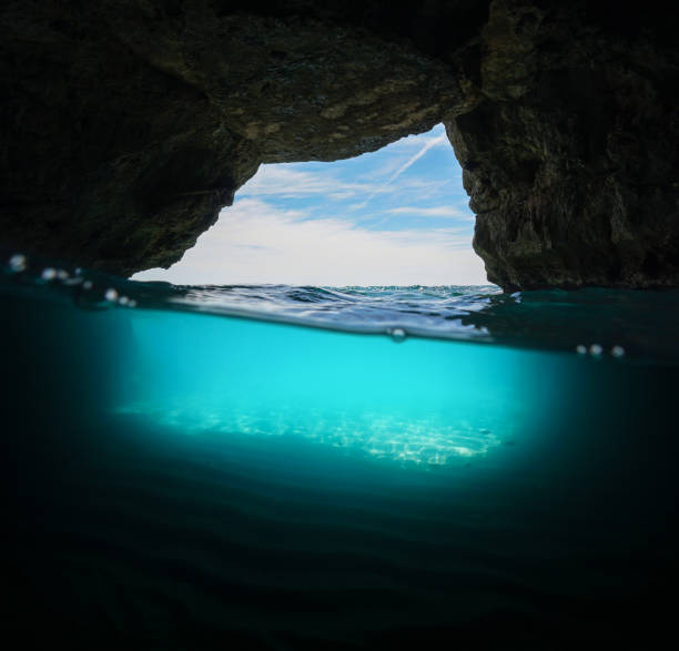 istock Inside a cave half above and underwater sea 1158593560