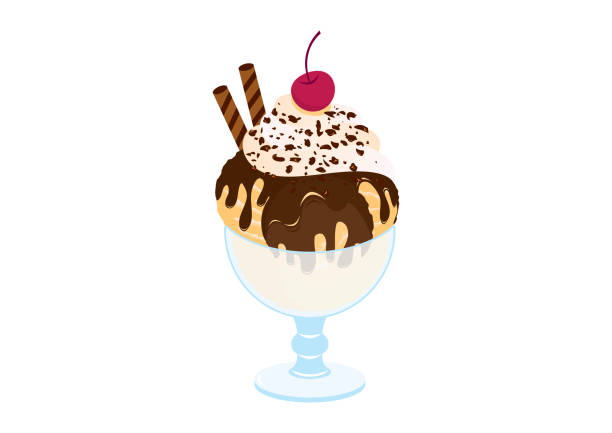 Hot Fudge Sundae vector Chocolate sundae icon vector. Hot Fudge Sundae isolated on a white background. Ice cream cup vector illustration fudge stock illustrations