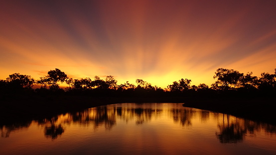 Sunset afterglow on reflection lake