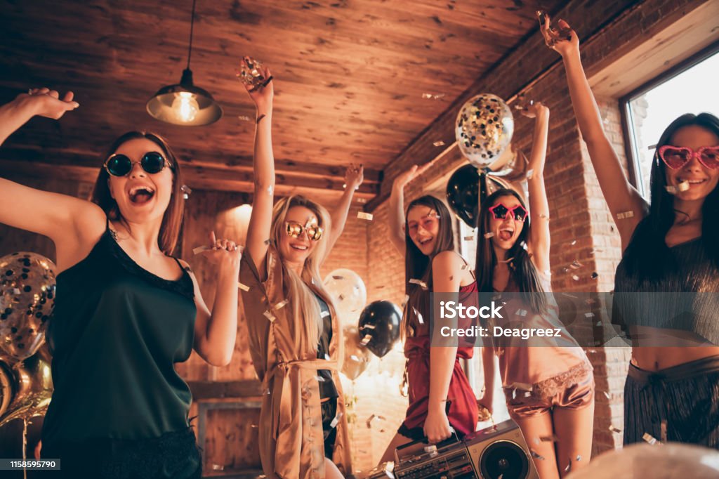 Photo of five ecstatic funny funky cool swag charming laughing nice positive glad girls having vacation holiday disco relax wearing specs eyewear Photo of five ecstatic funny funky cool swag charming laughing nice positive glad girls, having vacation holiday disco relax wearing specs eyewear Party - Social Event Stock Photo