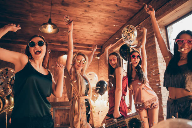 Photo of five ecstatic funny funky cool swag charming laughing nice positive glad girls having vacation holiday disco relax wearing specs eyewear Photo of five ecstatic funny funky cool swag charming laughing nice positive glad girls, having vacation holiday disco relax wearing specs eyewear college dorm party stock pictures, royalty-free photos & images