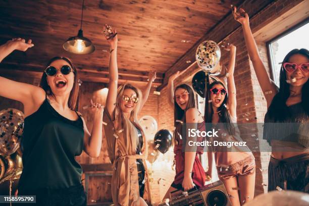 Photo Of Five Ecstatic Funny Funky Cool Swag Charming Laughing Nice Positive Glad Girls Having Vacation Holiday Disco Relax Wearing Specs Eyewear Stock Photo - Download Image Now