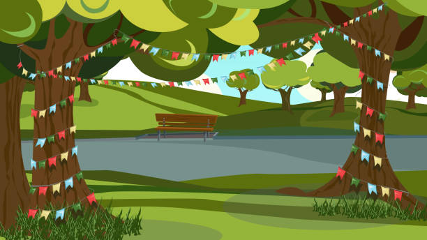 ilustraciones, imágenes clip art, dibujos animados e iconos de stock de green tree decorado, garland bunting flag en park - croquet party front or back yard wedding