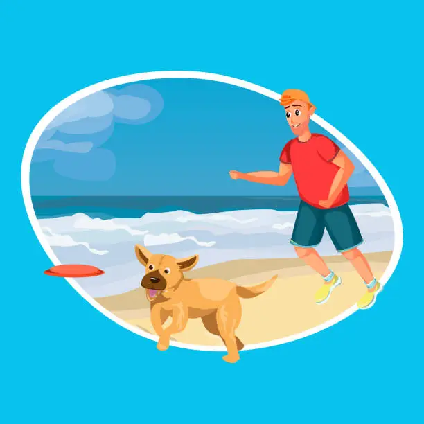 Vector illustration of Cartoon Man Play Flying Disk with Dog Sand Beach