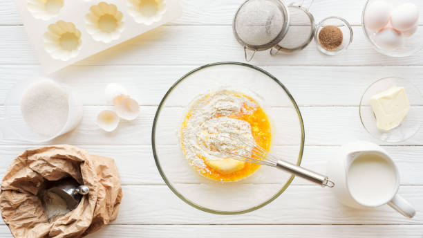 istock top view of bowl with dough, kitchen utensils and ingredients on table 1158597474