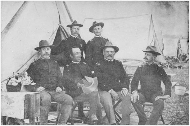 istock US Army black and white photos: Officers in military camp 1158598830