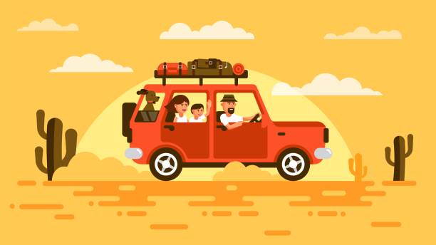 Family travels by car with a dog. Family travels by car with a dog. SUV with passengers and luggage rides through the desert of the southern states. desert camping stock illustrations