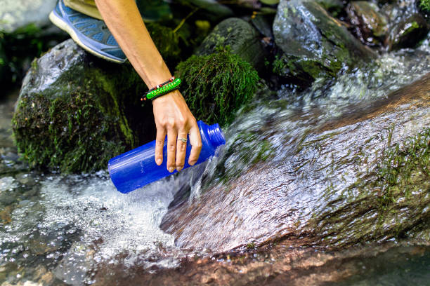 istock beautiful woman taking water from forest spring on hiking trip 1158601090