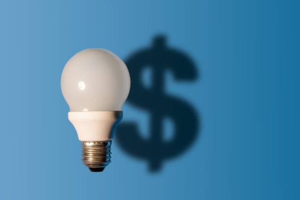 Light bulb on bright blue background with a dollar sign shadow. Conception good idea it's money.