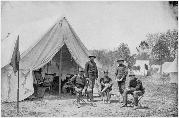 istock US Army black and white photos: Officers in military camp 1158605484
