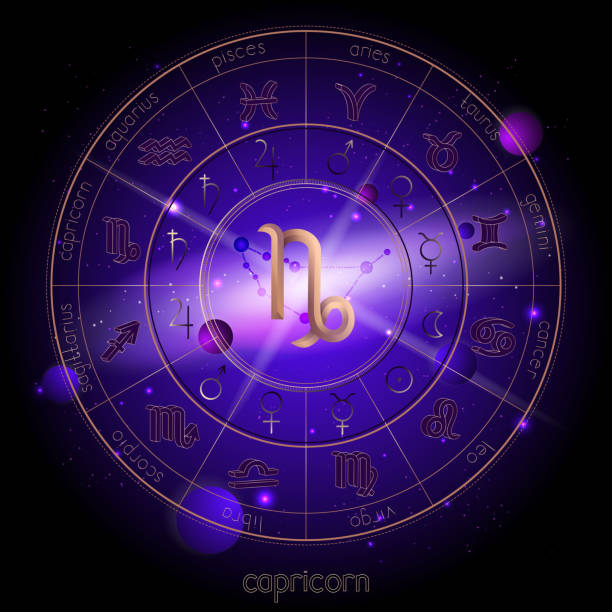 Vector illustration of sign and constellation CAPRICORN and Horoscope circle with astrology pictograms against the space background. Vector illustration of sign and constellation CAPRICORN and Horoscope circle with astrology pictograms against the space background with planets and stars. Sacred symbols in gold and purple colors. capricorn zodiac stock illustrations