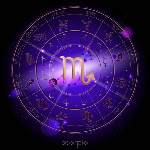 Vector illustration of sign and constellation SCORPIO and Horoscope circle with astrology pictograms against the space background. Vector illustration of sign and constellation SCORPIO and Horoscope circle with astrology pictograms against the space background with planets and stars. Sacred symbols in gold and purple colors. capricorn zodiac stock illustrations