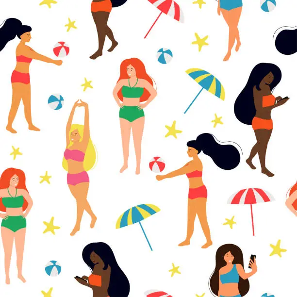 Vector illustration of Different nationalities woman relaxing on the beach. Girl play beach ball, makes selfie.