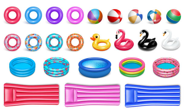 Swimming pool set Equipment for the pool. Realistic style. Set of rubber icons for water sports and recreation. Circles, birds, pools, rubber bed. Isolated on a white background. Vector. swimming float stock illustrations