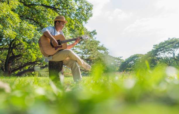istock Young asian man playing guitar in park 1158614916