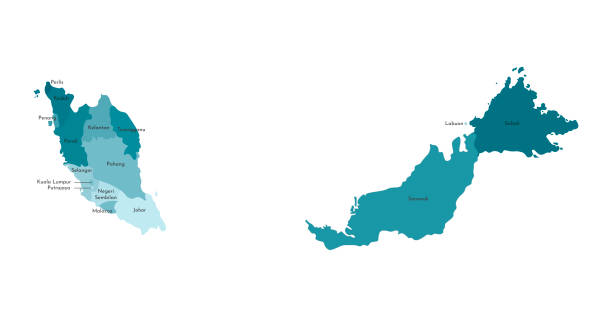 illustrazioni stock, clip art, cartoni animati e icone di tendenza di illustrazione isolata vettoriale della mappa amministrativa semplificata della malesia. confini e nomi delle regioni. silhouette kaki blu colorate - malaysia