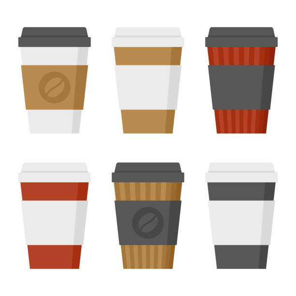 흰색 배경에 설정 된 커피 컵 - warm color illustrations stock illustrations