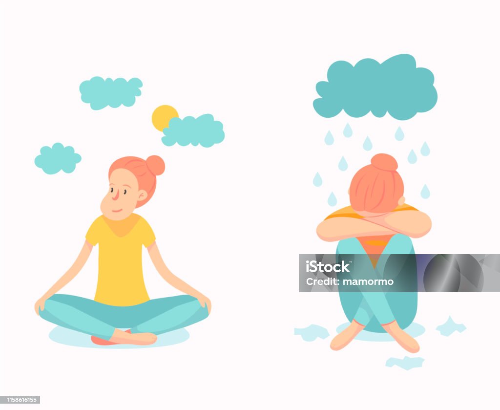 마음의 우울한 상태에있는 여자의 벡터 그림입니다 우울증과 좌절 개념 정신 건강 문제에 전념 하는 작품 우울감 배경-주제에 대한 ...