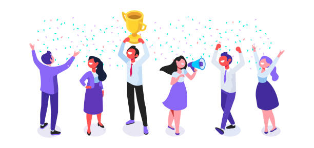 ilustraciones, imágenes clip art, dibujos animados e iconos de stock de ilustración vectorial de team success. gente de negocios celebrando la victoria. - new hire