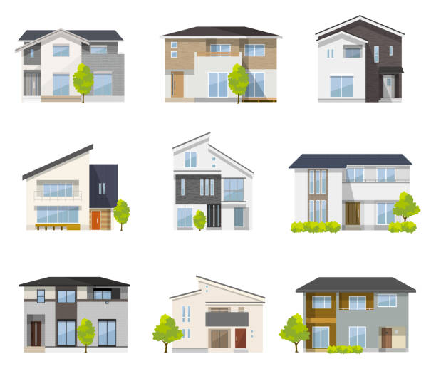 illustrazioni stock, clip art, cartoni animati e icone di tendenza di materiale illustrativo: set di case - detached house illustrations