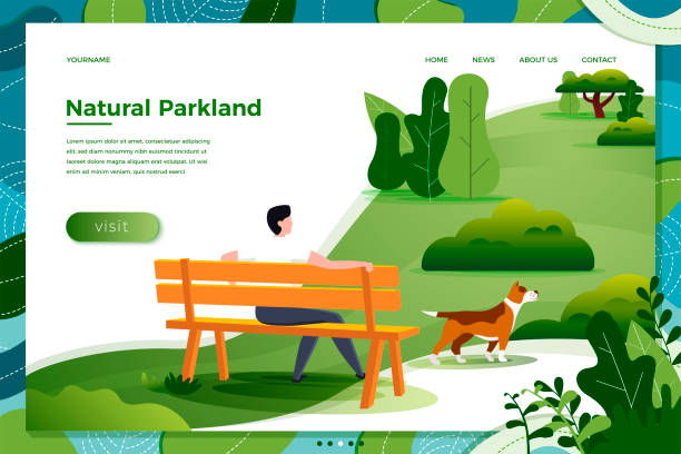 ilustrações de stock, clip art, desenhos animados e ícones de vector illustration man on bench with dog in park - bench park park bench silhouette