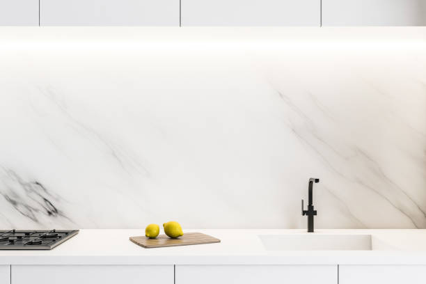 istock Close up of white kitchen countertop 1158618546